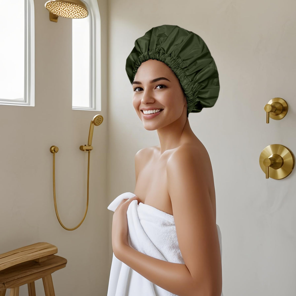Reusable Shower Cap for Women, Large Waterproof Shower Bonnet Washable Elastic Band Bath Hair Hat for Long Hair, Braids(Green)