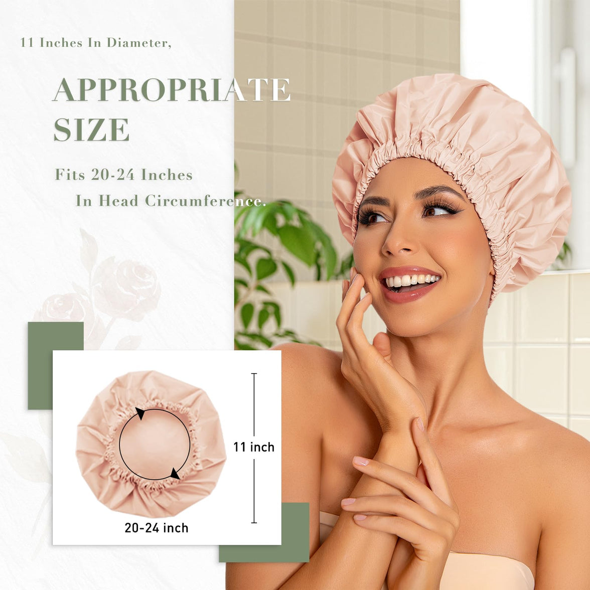 Reusable Shower Cap for Women, Large Waterproof Shower Bonnet Washable Elastic Band Bath Hair Hat for Long Hair, Braids(Green)
