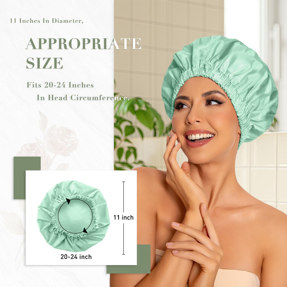 Reusable Shower Cap for Women, Large Waterproof Shower Bonnet Washable Elastic Band Bath Hair Hat for Long Hair, Braids(Green)