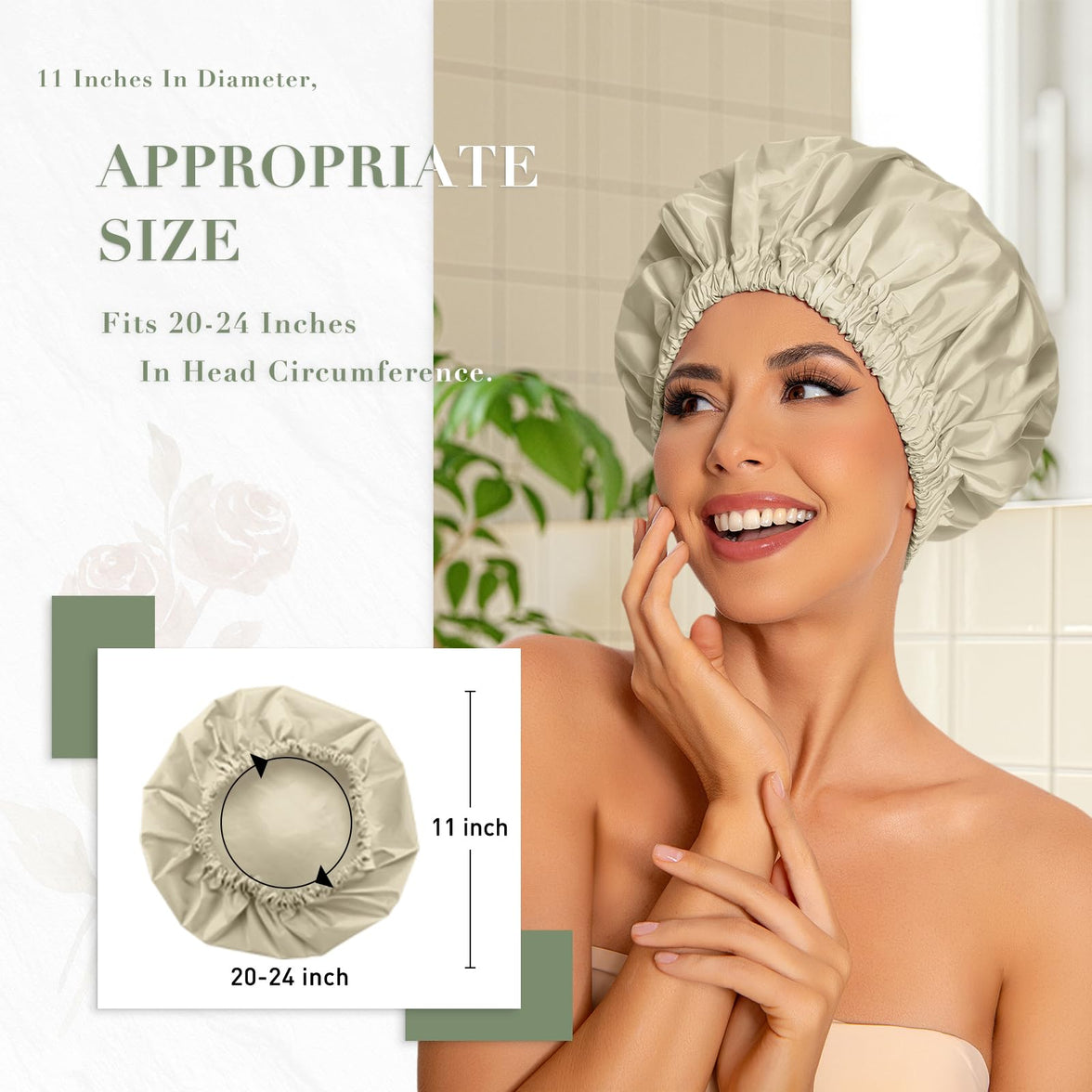 Reusable Shower Cap for Women, Large Waterproof Shower Bonnet Washable Elastic Band Bath Hair Hat for Long Hair, Braids(Green)