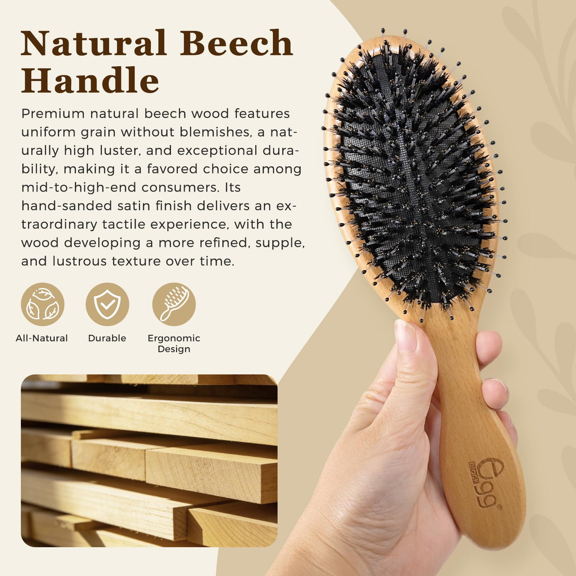 BLACK EGG Boar Bristle Hair Brush for Women Men Kid, Soft Natural Bristles Brush for Thin and Fine Hair, Restore Shine and Texture, Set includes Bamboo comb and 3 hair ties, Excellent Gift Idea