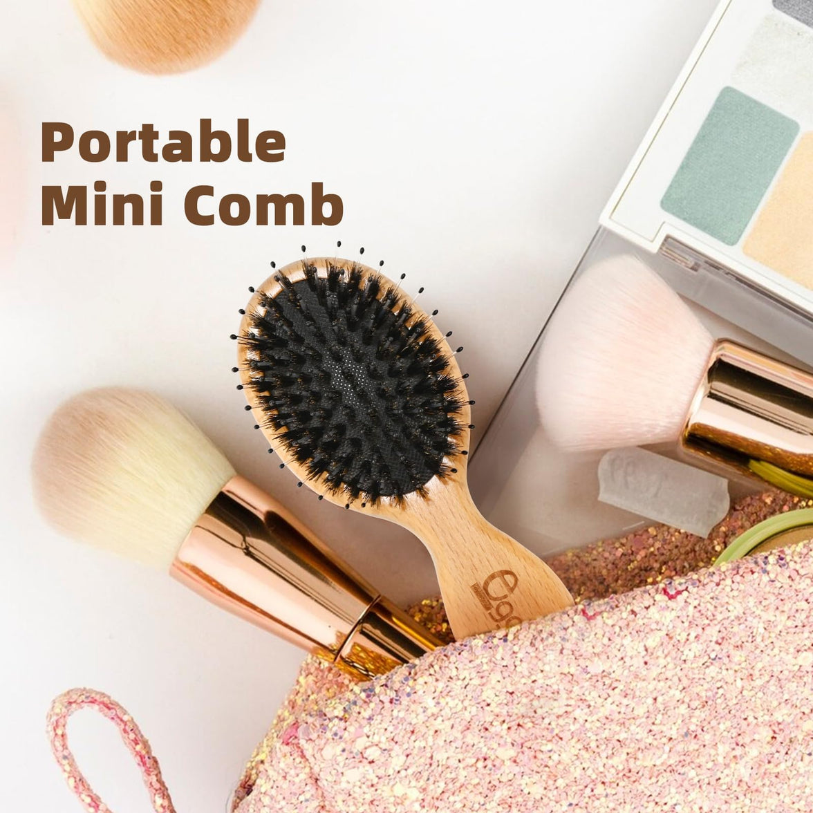 BLACK EGG Boar Bristle Hair Brush for Women Men Kid, Soft Natural Bristles Brush for Thin and Fine Hair, Restore Shine and Texture, Set includes Bamboo comb and 3 hair ties, Excellent Gift Idea
