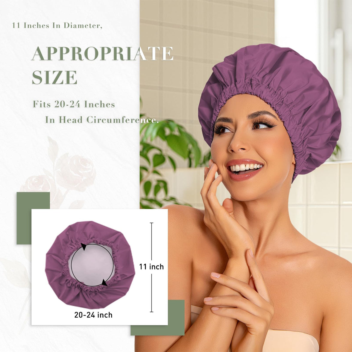 Reusable Shower Cap for Women, Large Waterproof Shower Bonnet Washable Elastic Band Bath Hair Hat for Long Hair, Braids(Green)