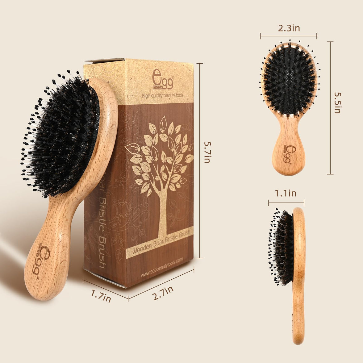 BLACK EGG Boar Bristle Hair Brush for Women Men Kid, Soft Natural Bristles Brush for Thin and Fine Hair, Restore Shine and Texture, Set includes Bamboo comb and 3 hair ties, Excellent Gift Idea