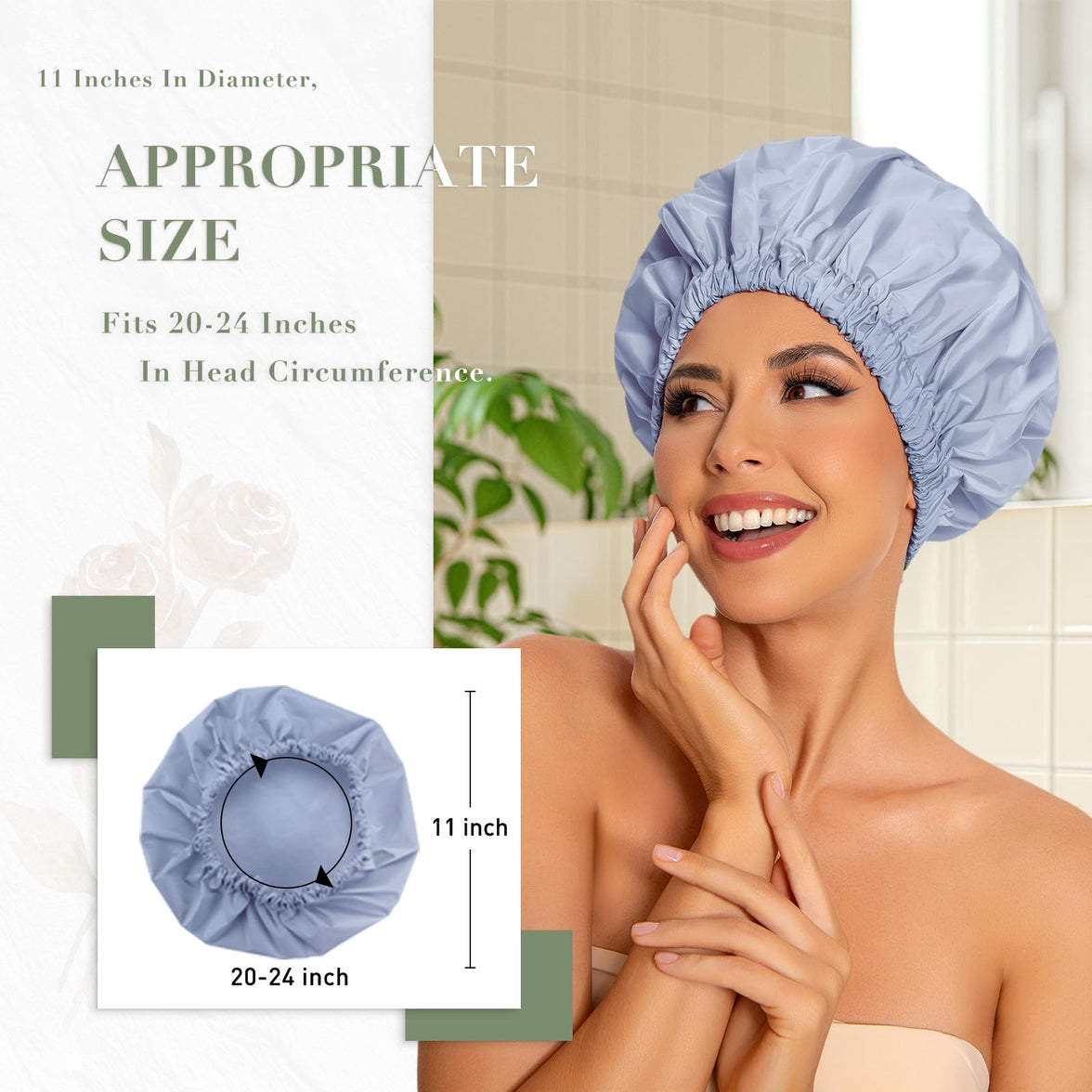 Reusable Shower Cap for Women, Large Waterproof Shower Bonnet Washable Elastic Band Bath Hair Hat for Long Hair, Braids(Green)