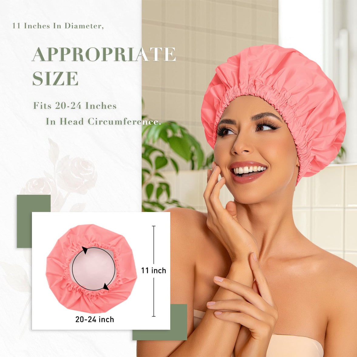 Reusable Shower Cap for Women, Large Waterproof Shower Bonnet Washable Elastic Band Bath Hair Hat for Long Hair, Braids(Green)