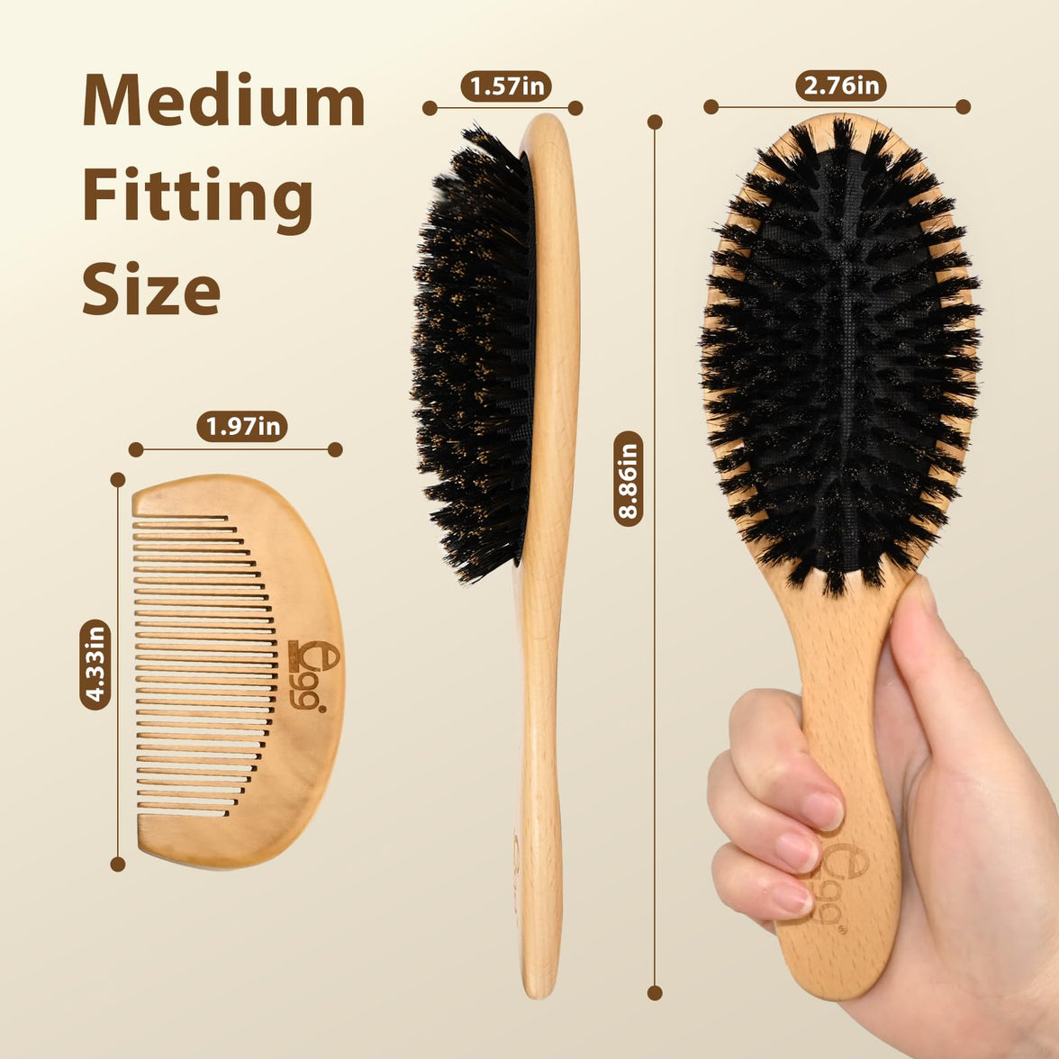 BLACK EGG Boar Bristle Hair Brush for Women Men Kid, Soft Natural Bristles Brush for Thin and Fine Hair, Restore Shine and Texture, Set includes Bamboo comb and 3 hair ties, Excellent Gift Idea