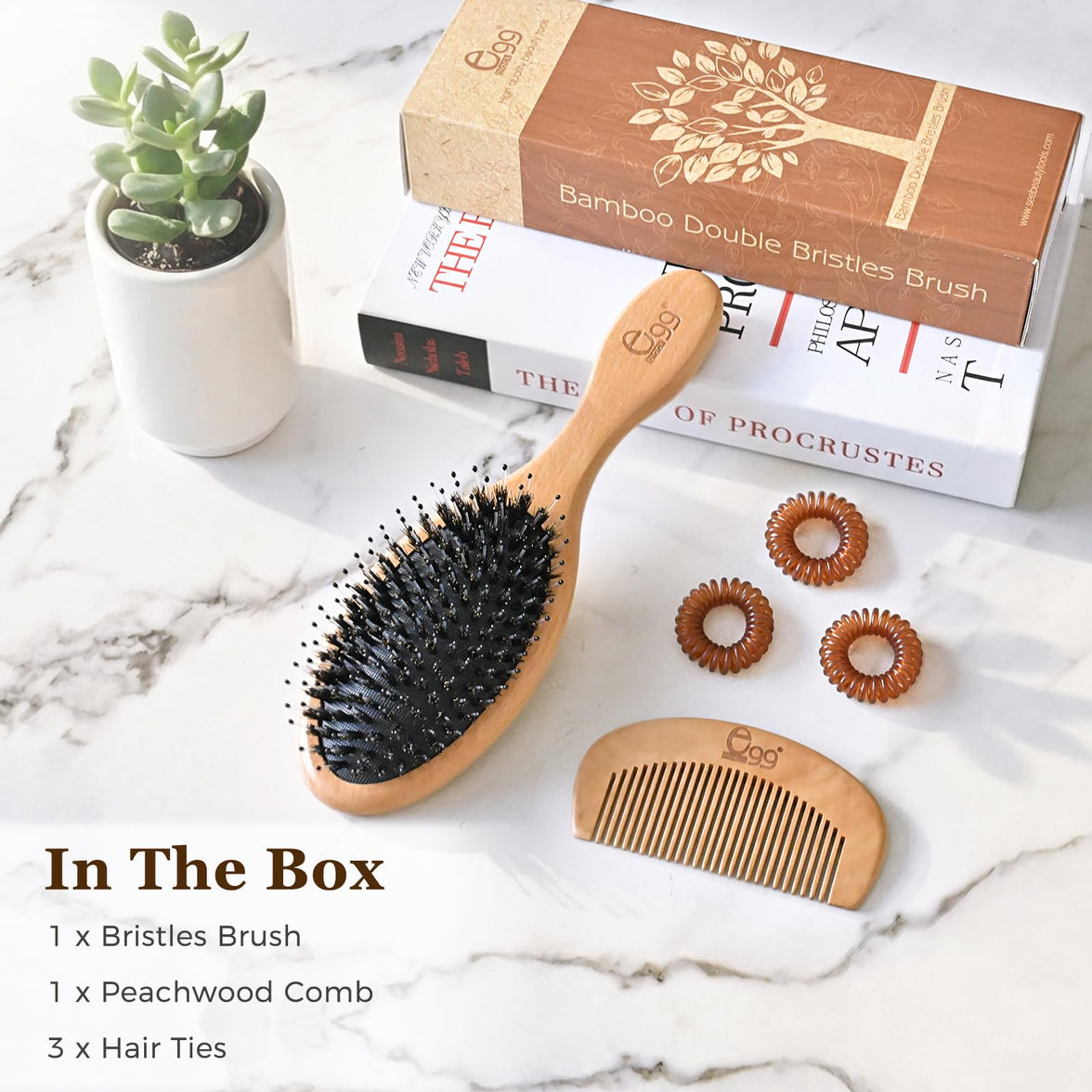BLACK EGG Boar Bristle Hair Brush for Women Men Kid, Soft Natural Bristles Brush for Thin and Fine Hair, Restore Shine and Texture, Set includes Bamboo comb and 3 hair ties, Excellent Gift Idea