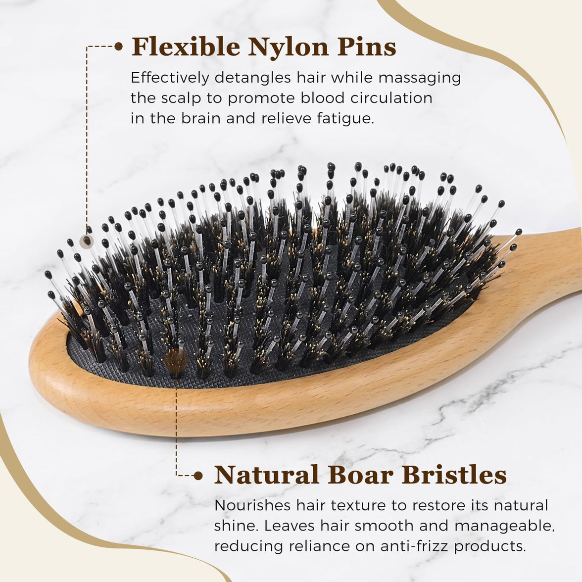 BLACK EGG Boar Bristle Hair Brush for Women Men Kid, Soft Natural Bristles Brush for Thin and Fine Hair, Restore Shine and Texture, Set includes Bamboo comb and 3 hair ties, Excellent Gift Idea