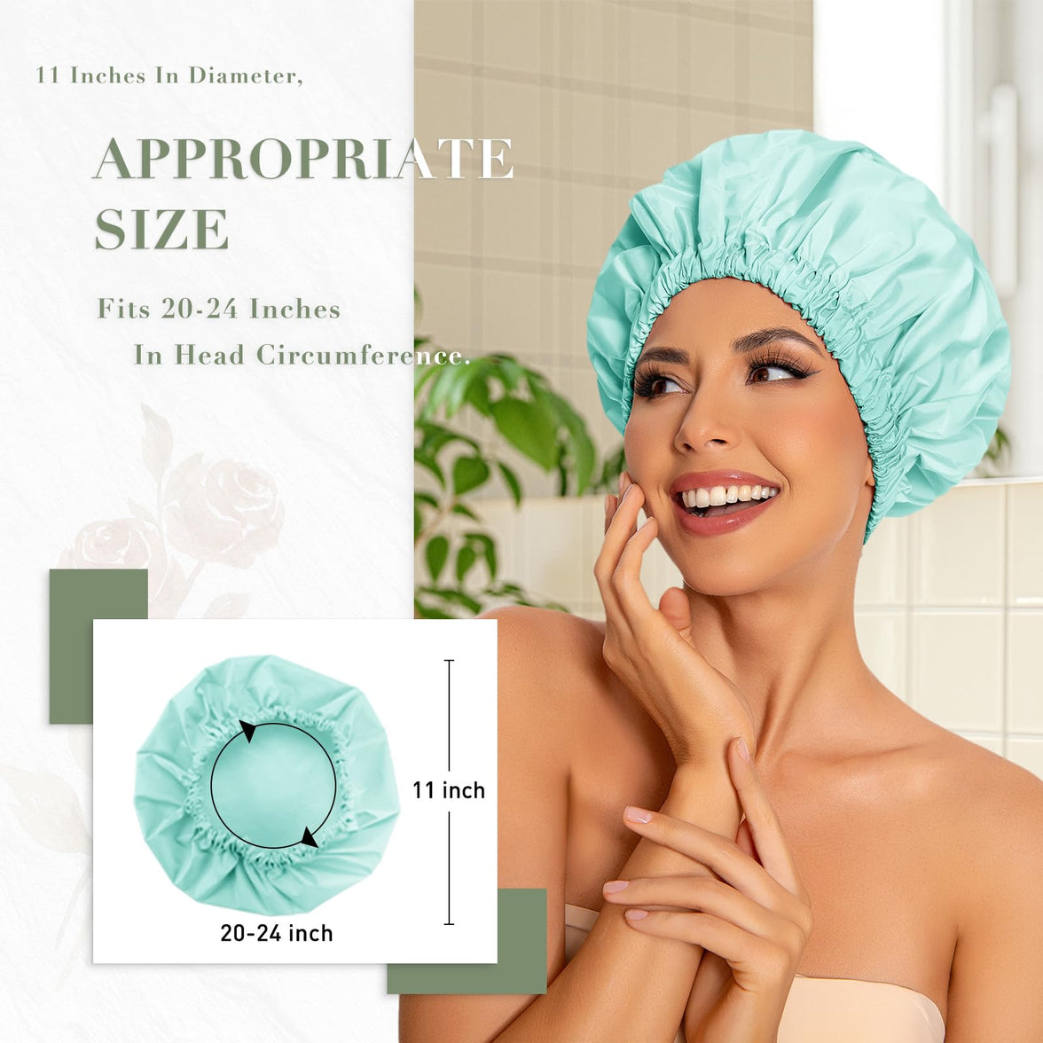 Reusable Shower Cap for Women, Large Waterproof Shower Bonnet Washable Elastic Band Bath Hair Hat for Long Hair, Braids(Green)