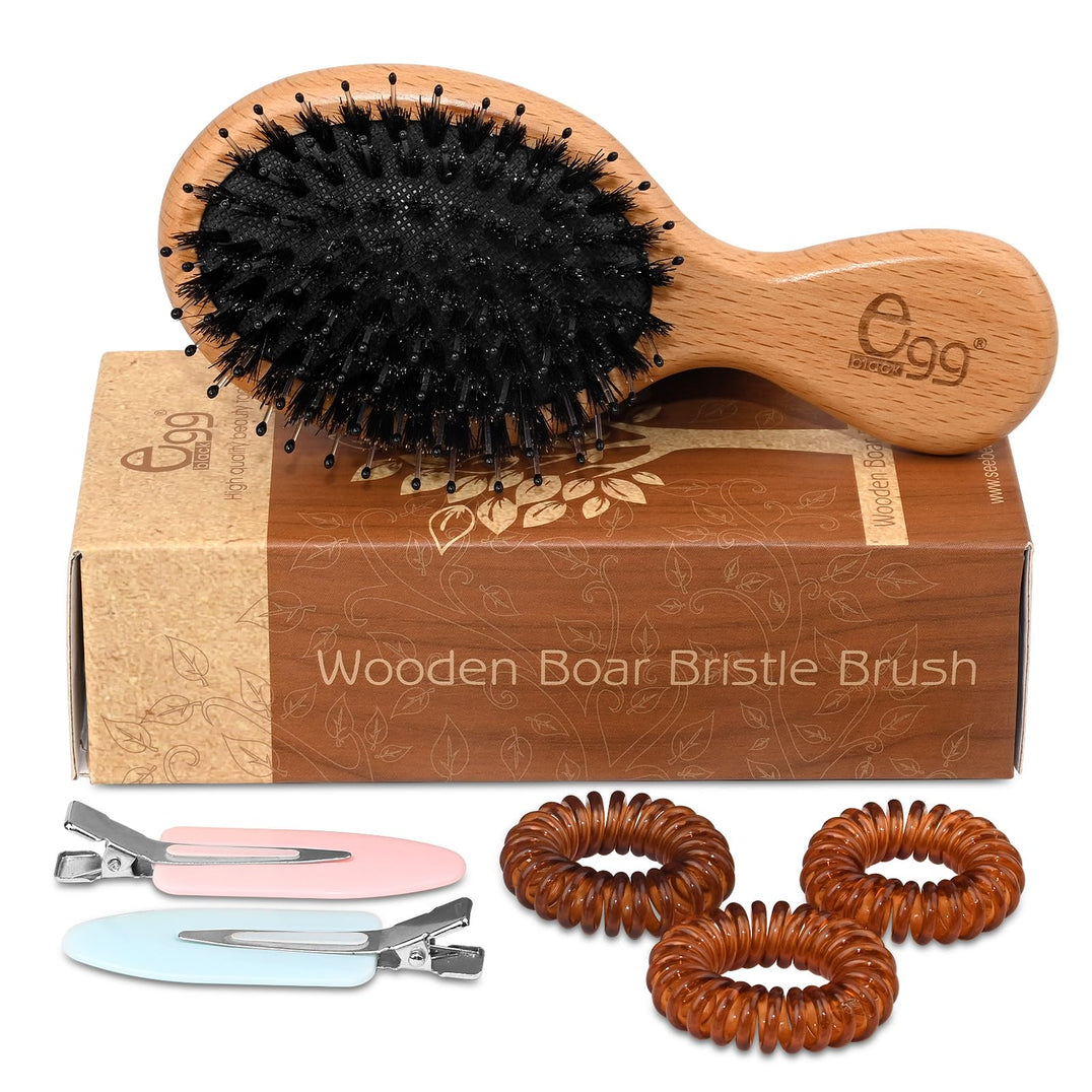 BLACK EGG Boar Bristle Hair Brush for Women Men Kid, Soft Natural Bristles Brush for Thin and Fine Hair, Restore Shine and Texture, Set includes Bamboo comb and 3 hair ties, Excellent Gift Idea