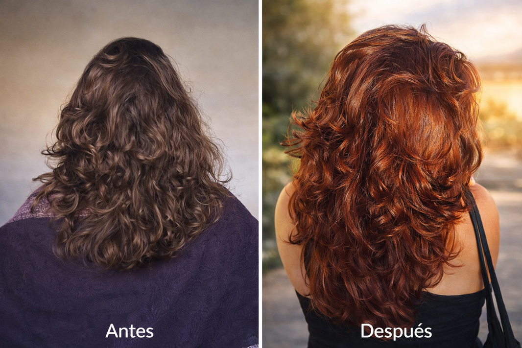 Before and after comparison of a person with long, wavy hair outdoors.