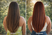Before and after comparison of a woman's long hair outdoors.