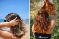 Before and after comparison of a woman's hair on a beach and in a forest.