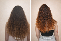 Before and after comparison of a person with curly hair against a plain background.