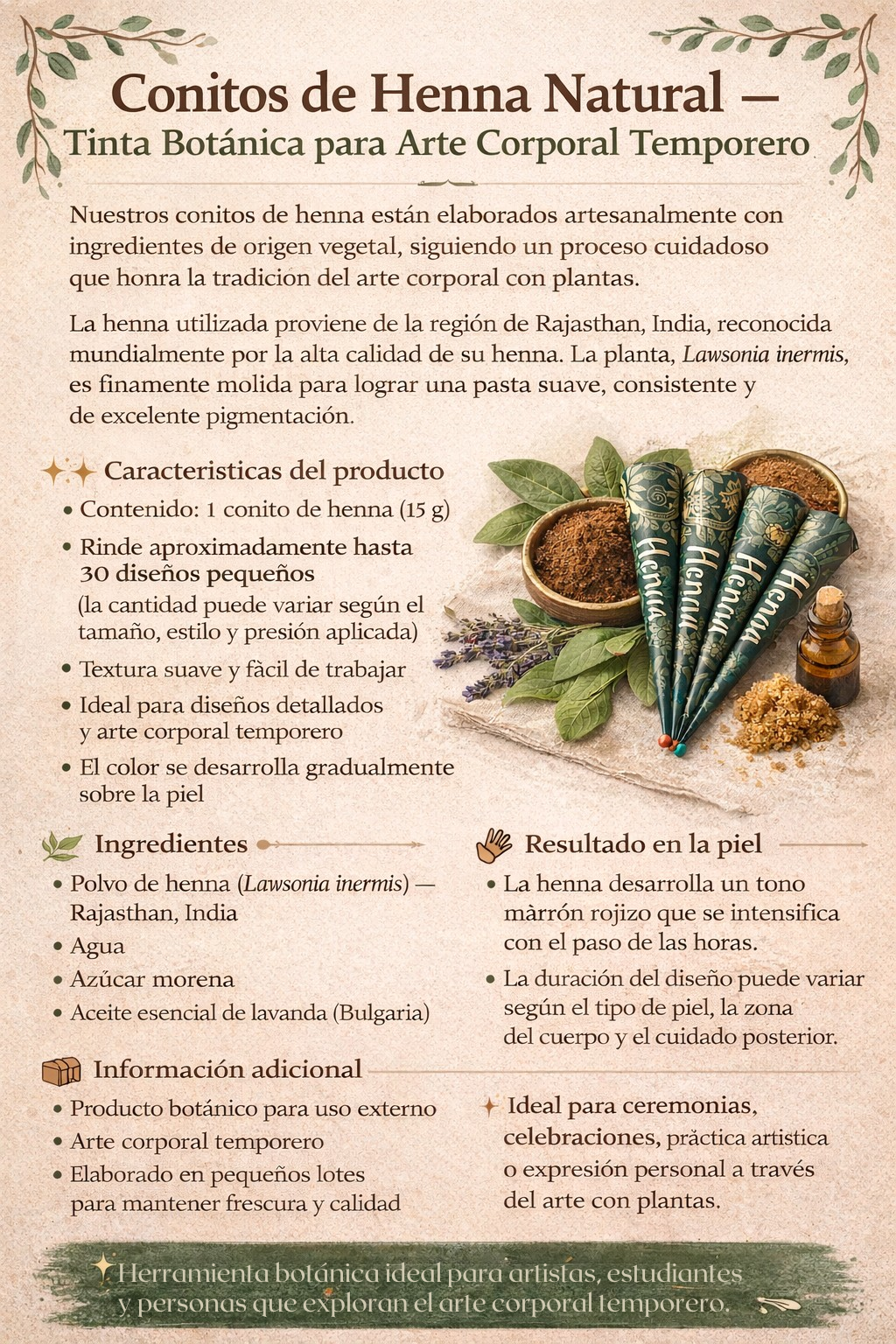 Product information sheet for natural henna cones for temporary body art with ingredients and usage details.