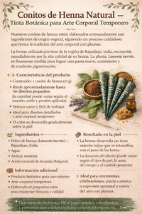 Product information sheet for natural henna cones for temporary body art with ingredients and usage details.