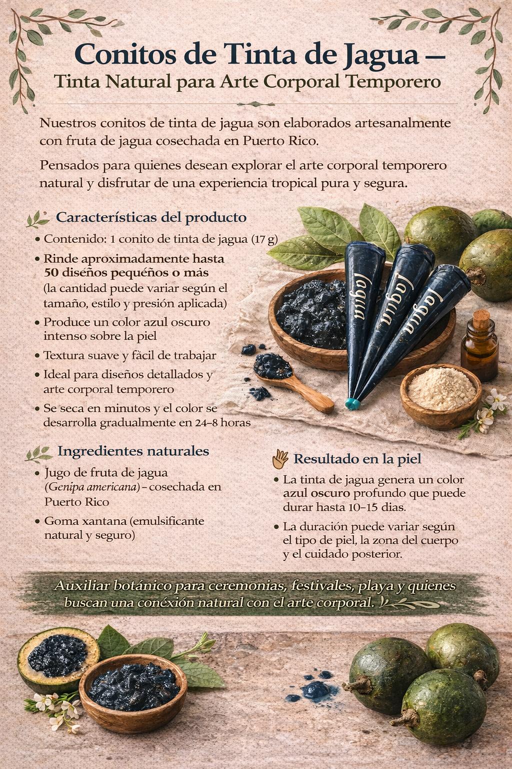 Promotional image of jagua tattoo ink with ingredients and application information.