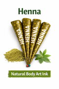 Henna cones with green henna powder and henna leaf on a white background