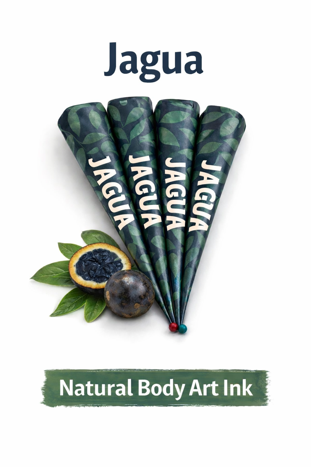 Jagua natural body art ink cones with jagua leaves and fruit on a white background